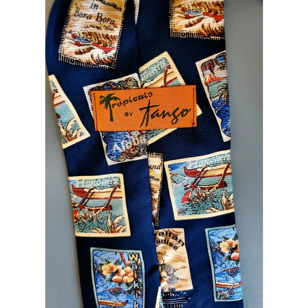 Tropicals By Tango Hawaii Stamps Bora Bora Blue 100% Silk Neck Tie